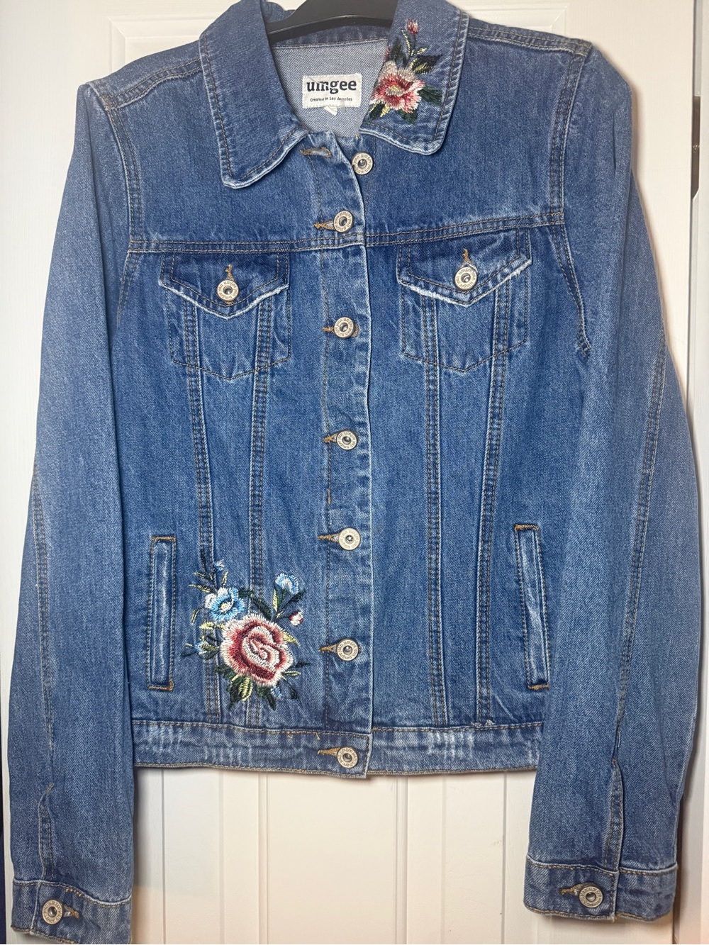 Umgee Blue Denim Jacket with Embroidered Floral Accents